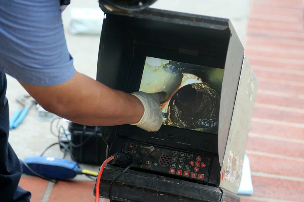 Technician viewing a drain inspection camera in Holladay